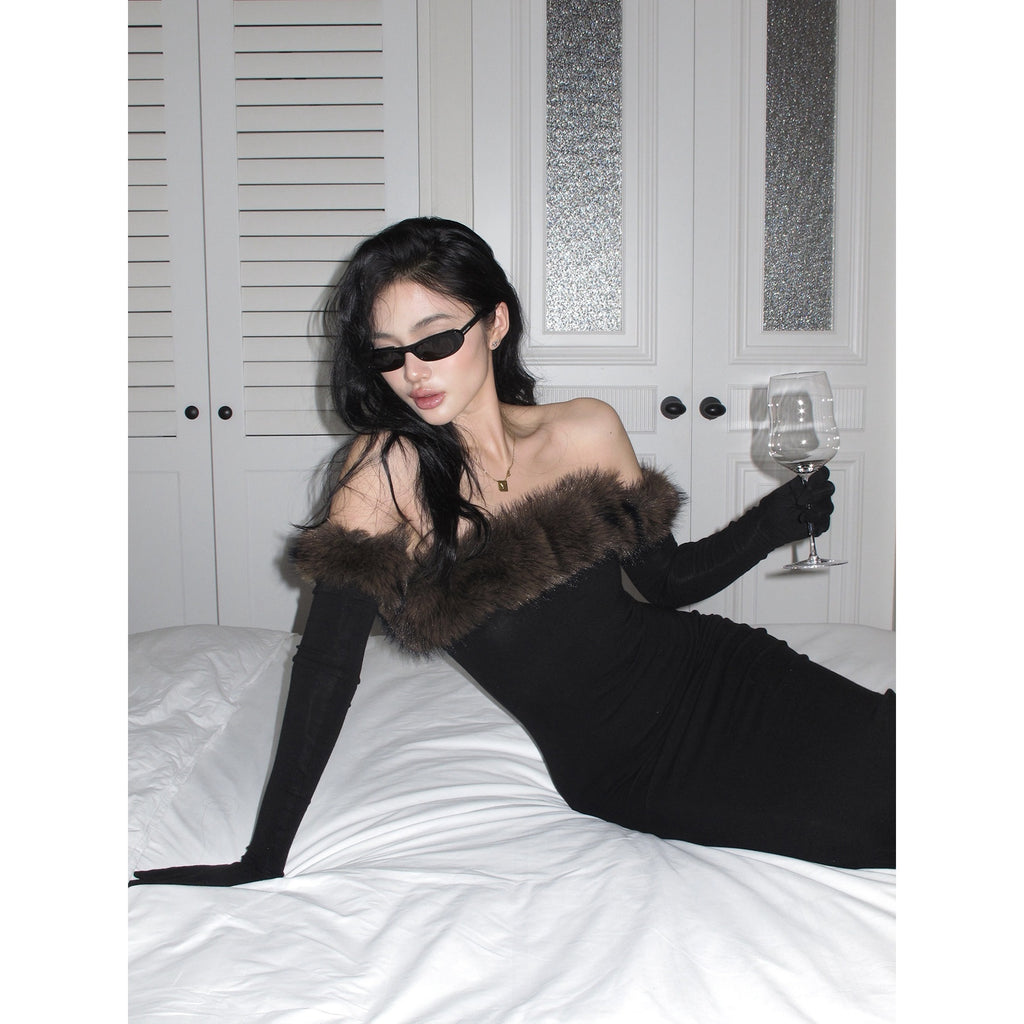 rovente_Black_Fur_Collar_Bustier_Slim_Women's_Knit_Viscose_Wool_Strapless_Maxi_Dresses_999619477016_MISSTT