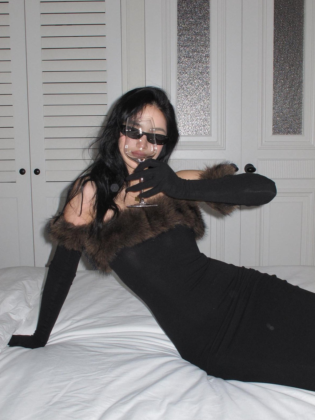 rovente Black Fur Collar Bustier Slim Women's Knit Viscose Wool Strapless Maxi Dresses