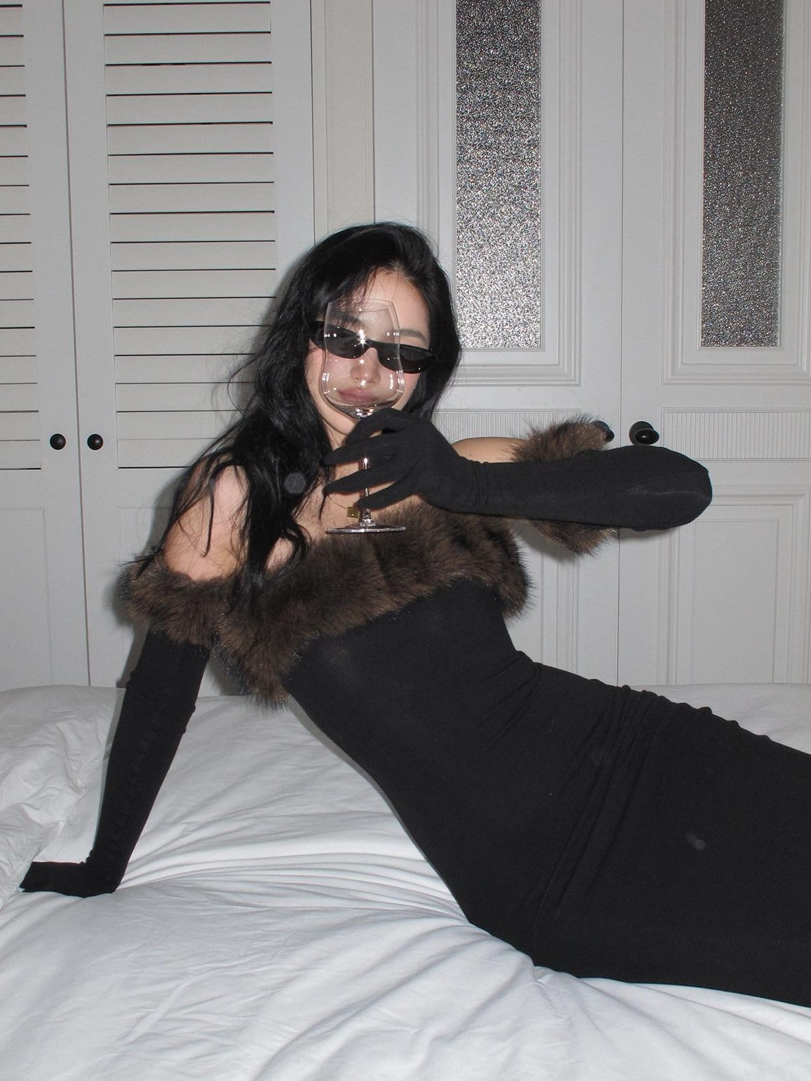rovente Black Fur Collar Bustier Slim Women's Knit Viscose Wool Strapless Maxi Dresses