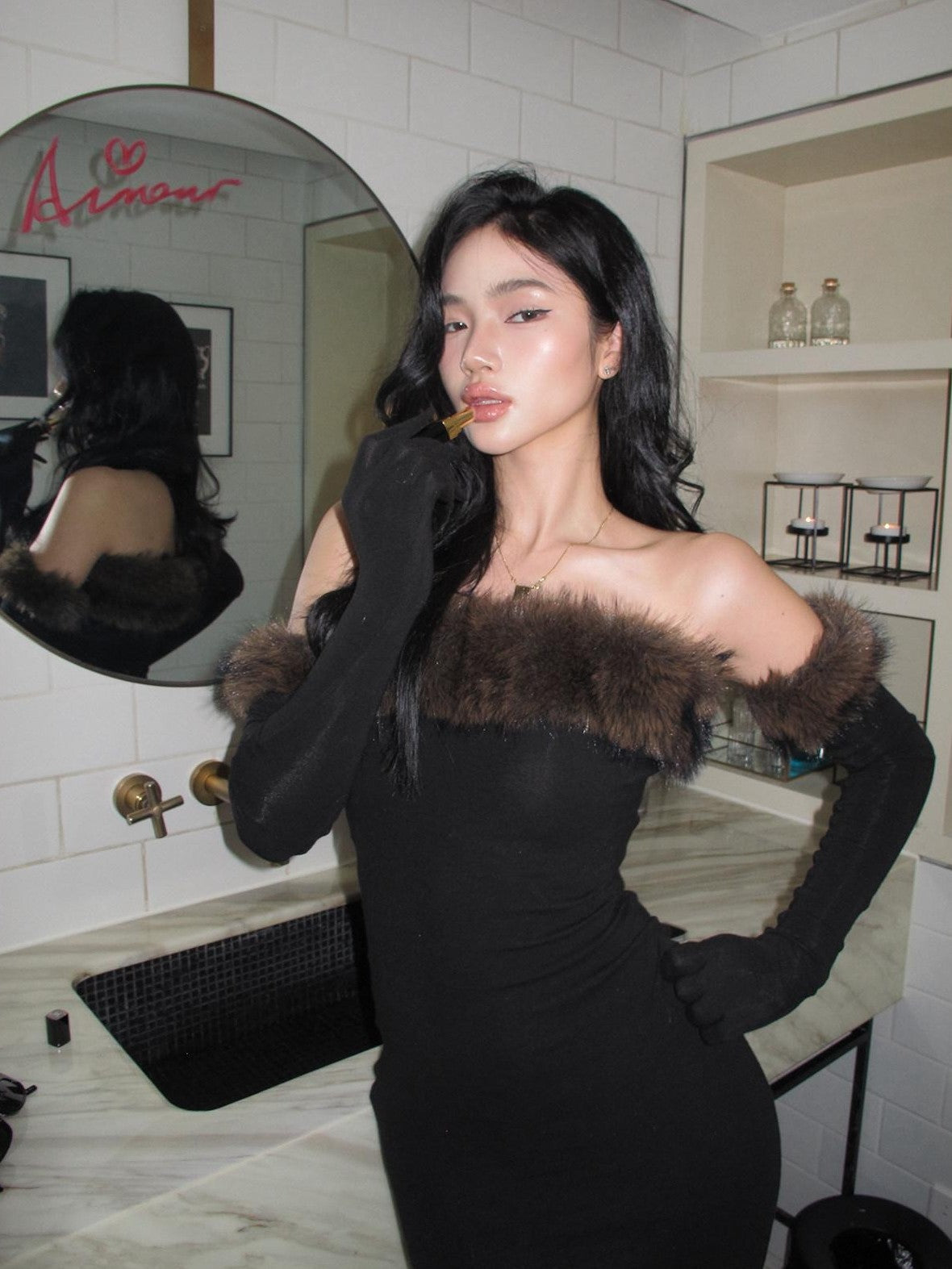 rovente Black Fur Collar Bustier Slim Women's Knit Viscose Wool Strapless Maxi Dresses