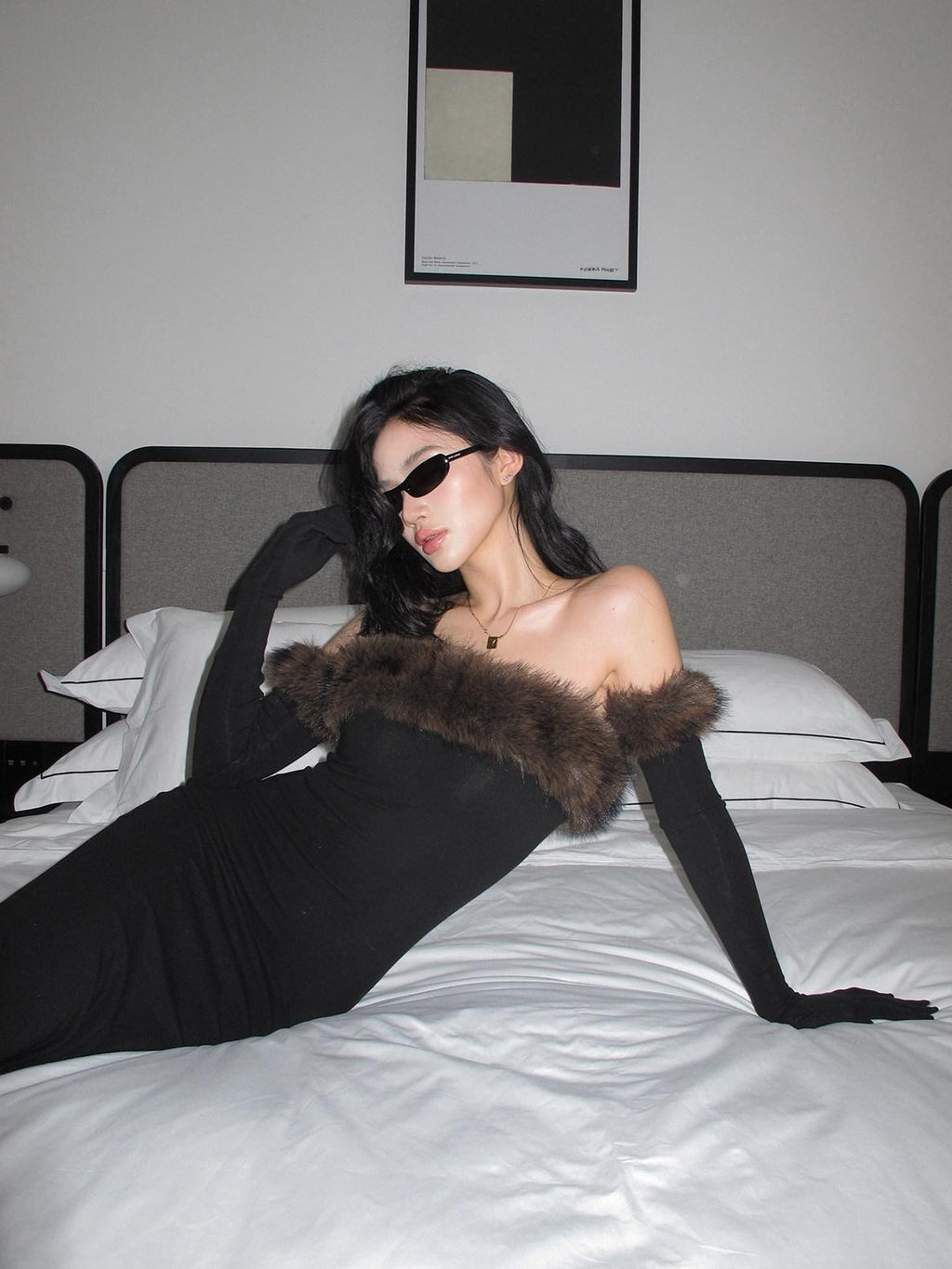 rovente Black Fur Collar Bustier Slim Women's Knit Viscose Wool Strapless Maxi Dresses