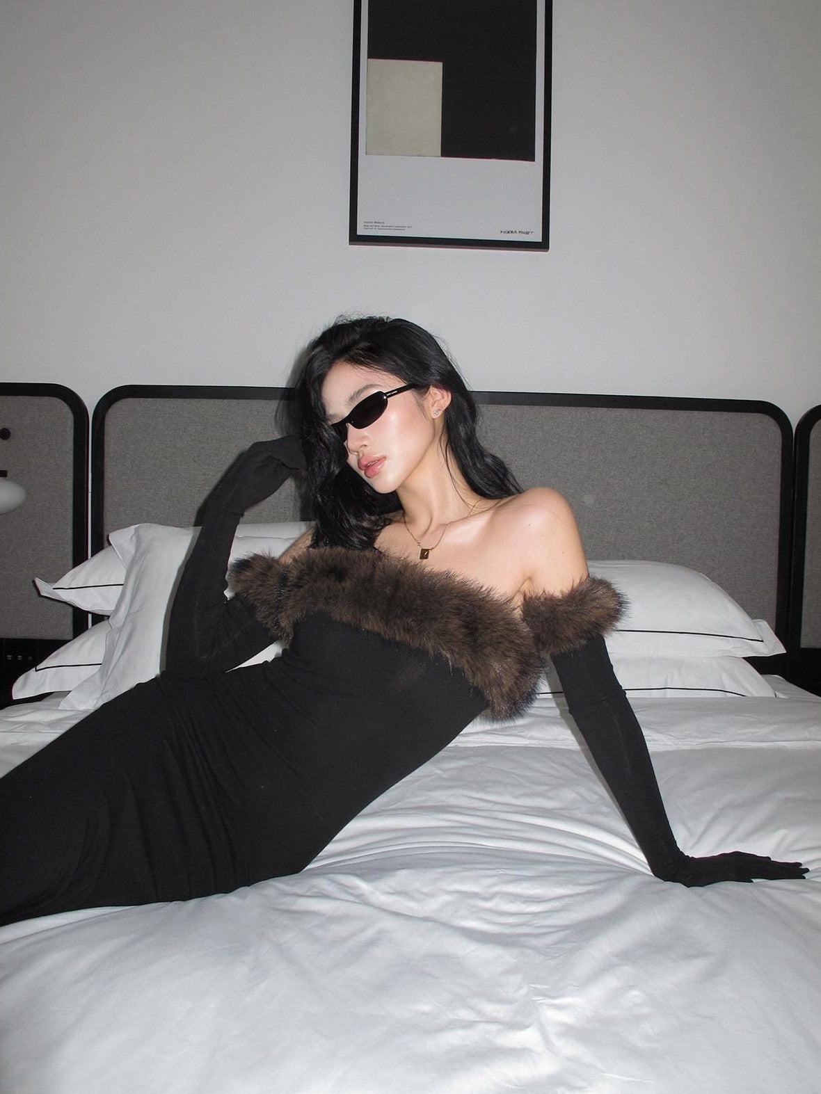 rovente Black Fur Collar Bustier Slim Women's Knit Viscose Wool Strapless Maxi Dresses