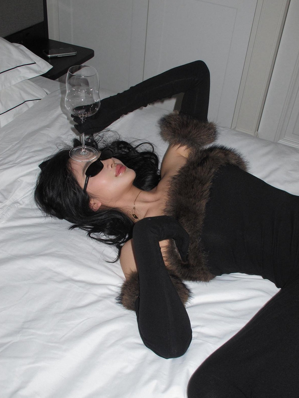rovente Black Fur Collar Bustier Slim Women's Knit Viscose Wool Strapless Maxi Dresses