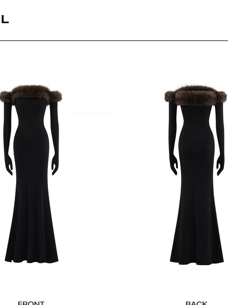 rovente Black Fur Collar Bustier Slim Women's Knit Viscose Wool Strapless Maxi Dresses