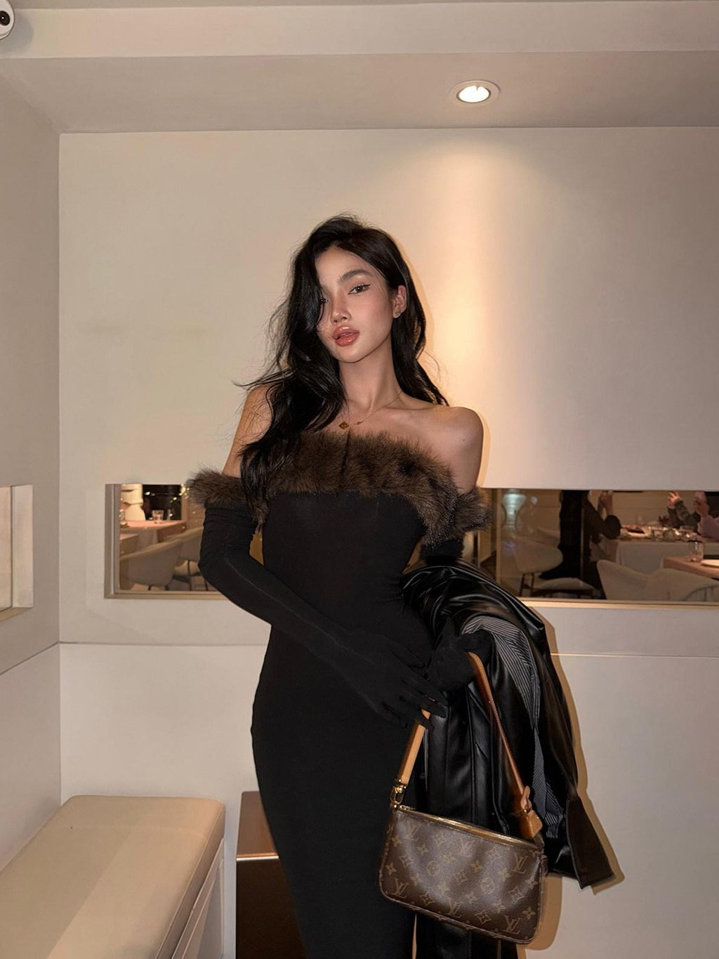 rovente Black Fur Collar Bustier Slim Women's Knit Viscose Wool Strapless Maxi Dresses