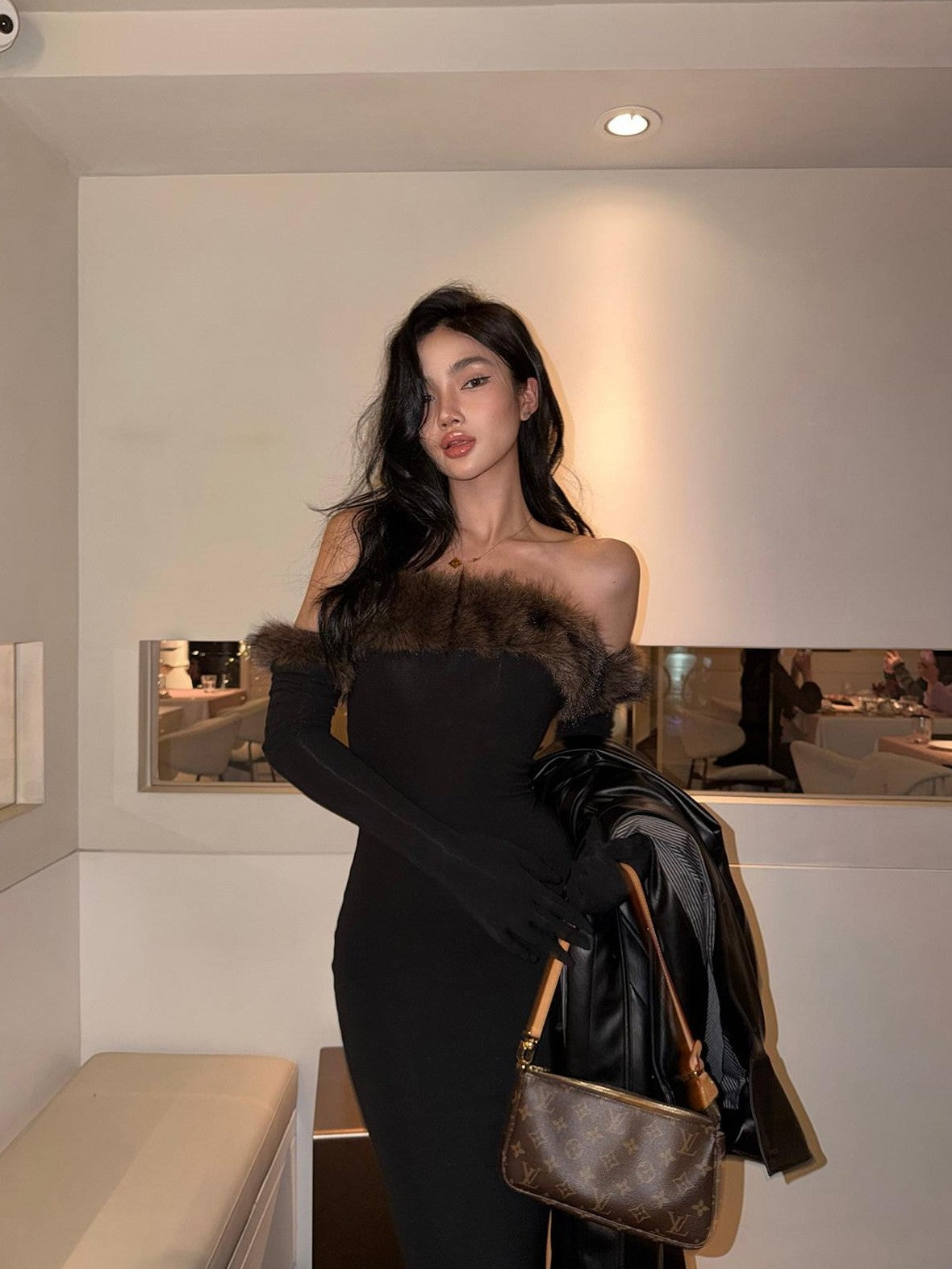 rovente Black Fur Collar Bustier Slim Women's Knit Viscose Wool Strapless Maxi Dresses