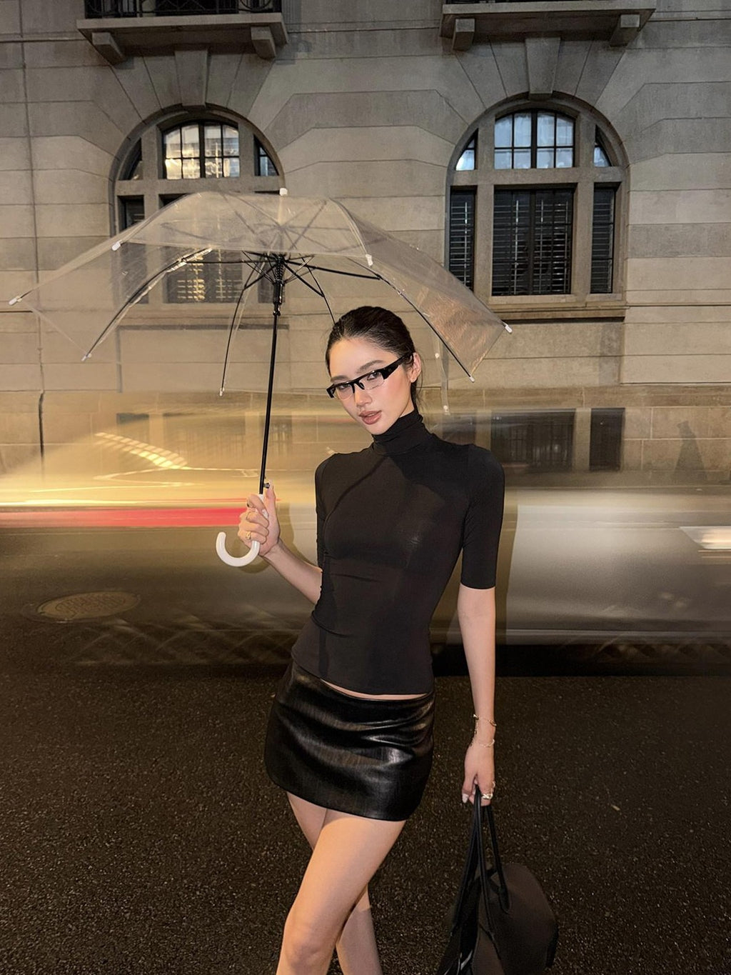 rovente Black High Neck Drapey Slimming Elbow Sleeve Women's Premium Modal Slim T-shirts