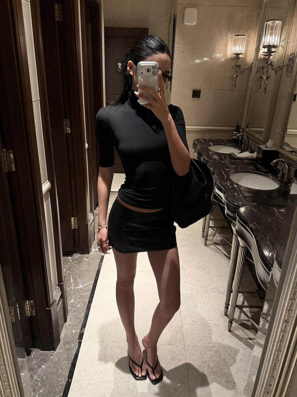 rovente Black High Neck Drapey Slimming Elbow Sleeve Women's Premium Modal Slim T-shirts