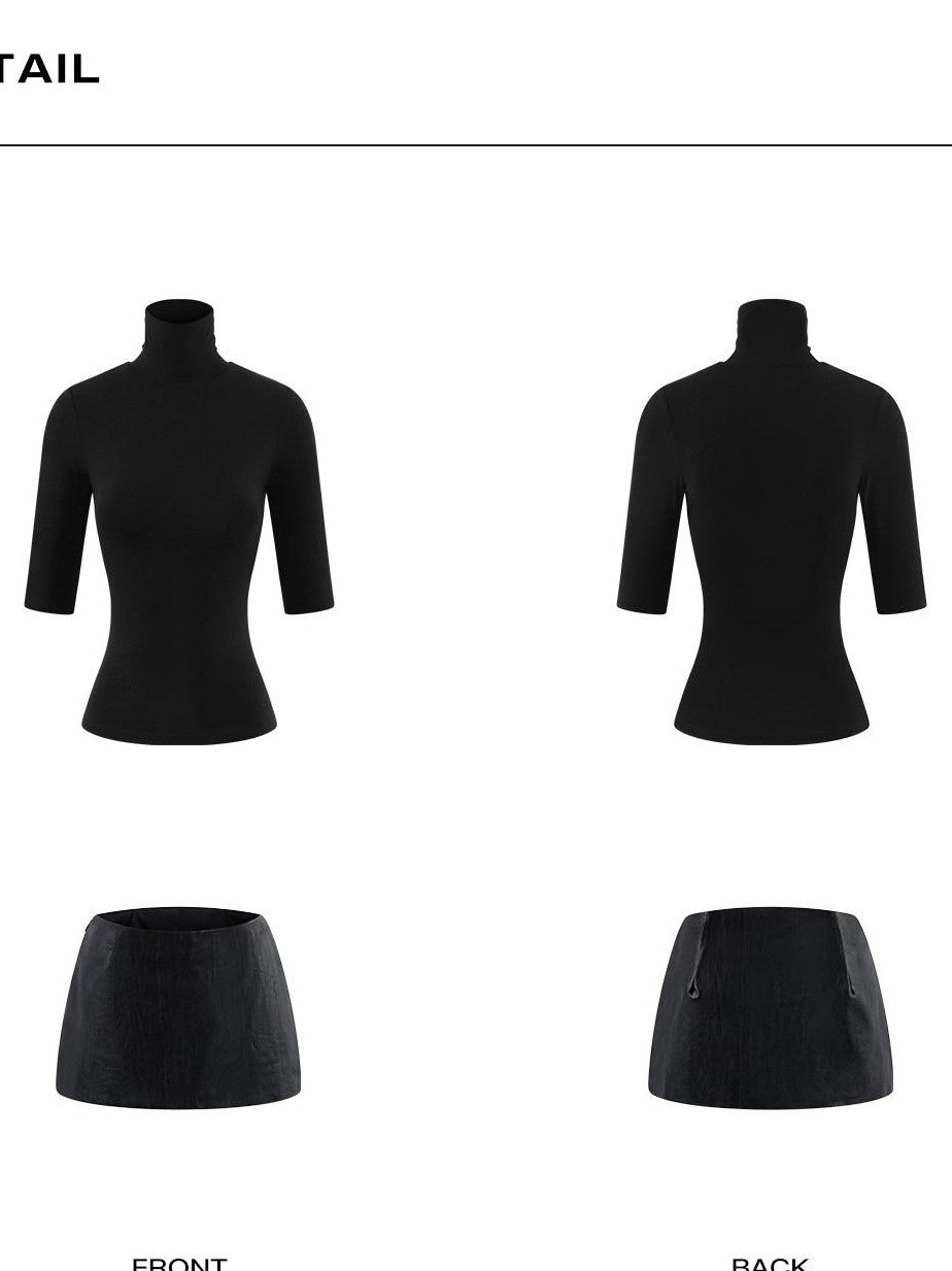 rovente Black High Neck Drapey Slimming Elbow Sleeve Women's Premium Modal Slim T-shirts