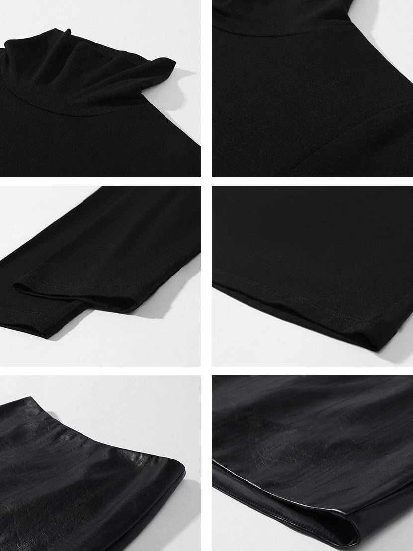 rovente Black High Neck Drapey Slimming Elbow Sleeve Women's Premium Modal Slim T-shirts