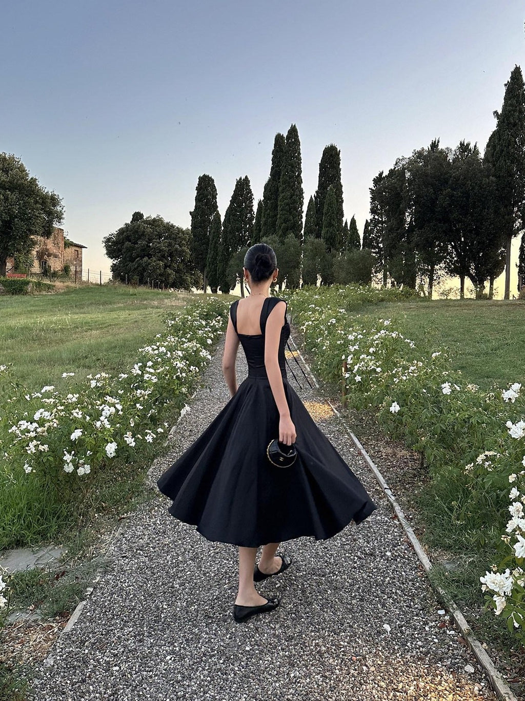 rovente Black High Waist A Line Spaghetti Strap Women's Polyester Casual Midi Dresses