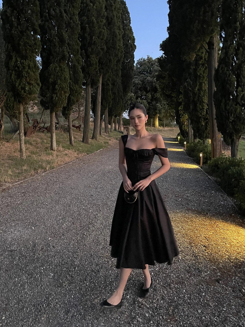 rovente Black High Waist A Line Spaghetti Strap Women's Polyester Casual Midi Dresses