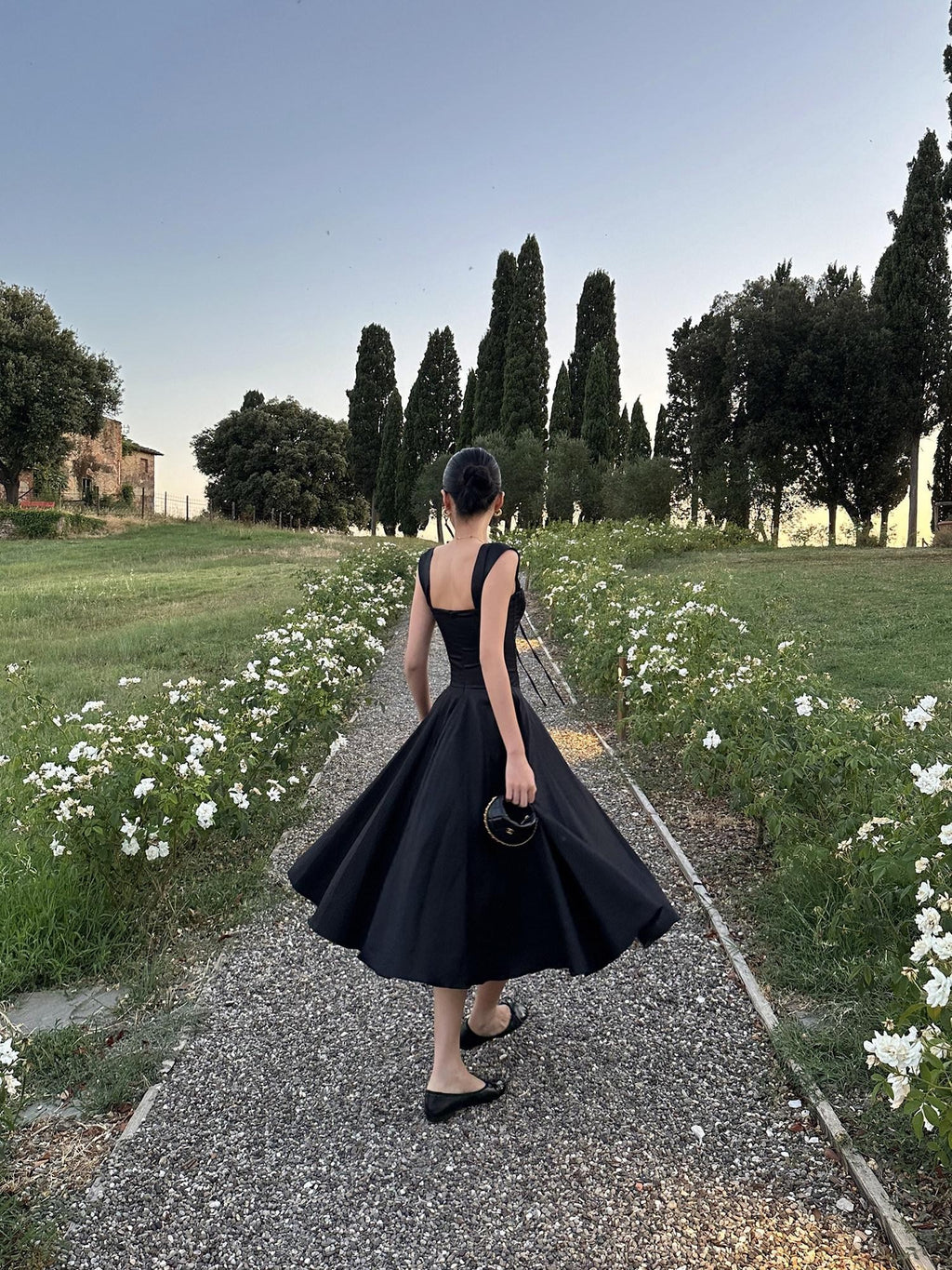 rovente Black High Waist A Line Spaghetti Strap Women's Polyester Casual Midi Dresses
