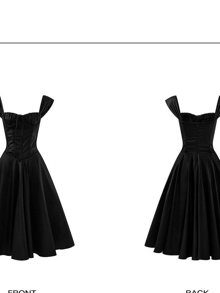 rovente Black High Waist A Line Spaghetti Strap Women's Polyester Casual Midi Dresses