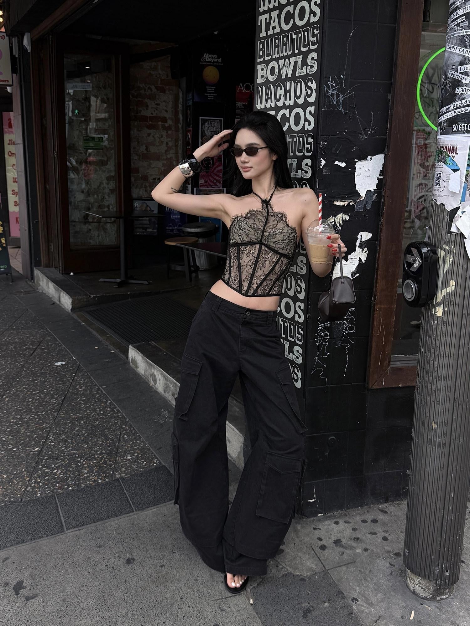 rovente Black Lace Boned Cropped Slim Padded Women's Polyamide Viscose Halter Tops