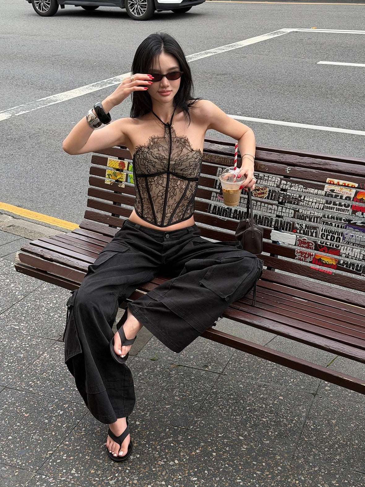 rovente Black Lace Boned Cropped Slim Padded Women's Polyamide Viscose Halter Tops