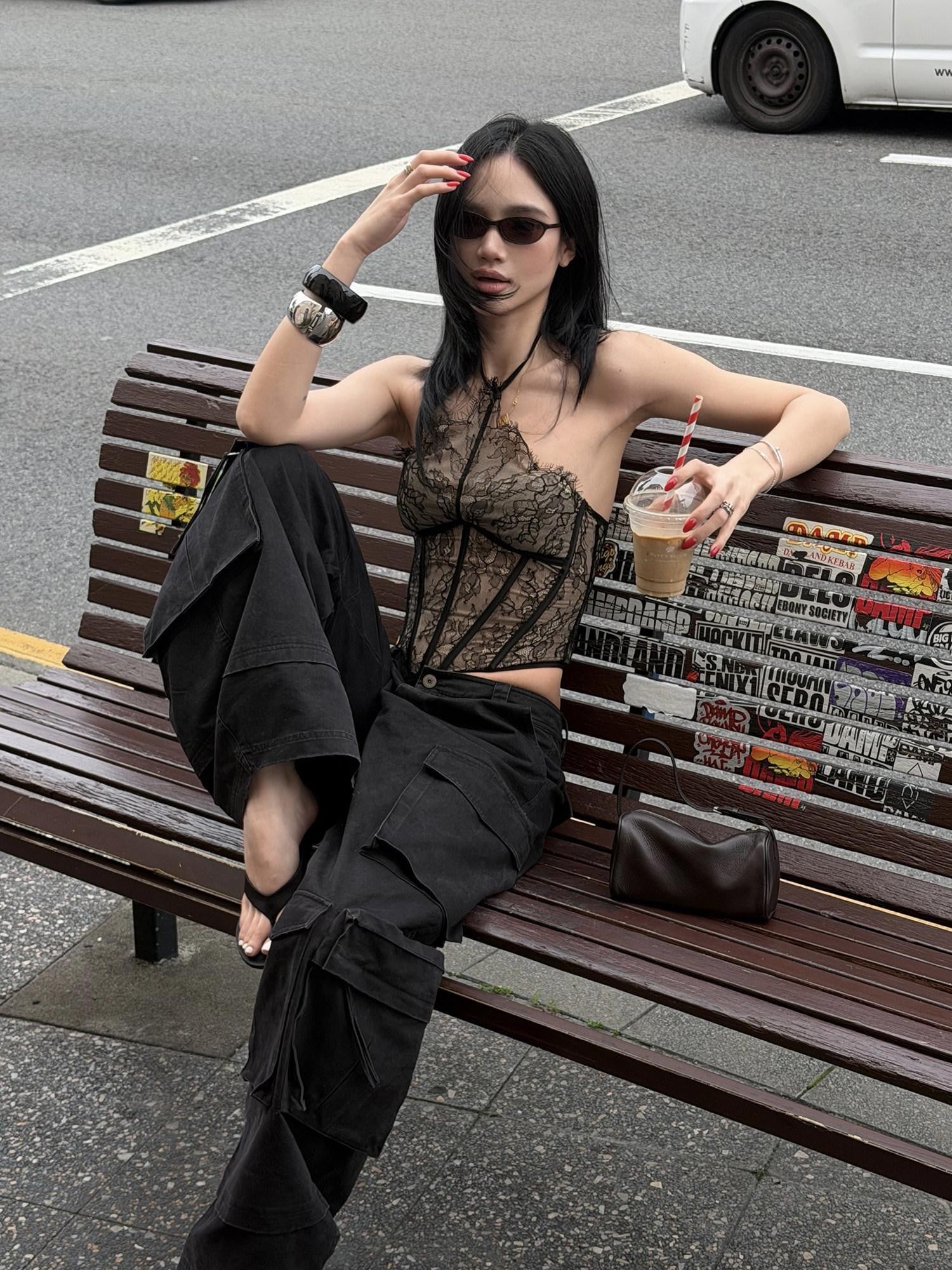 rovente Black Lace Boned Cropped Slim Padded Women's Polyamide Viscose Halter Tops