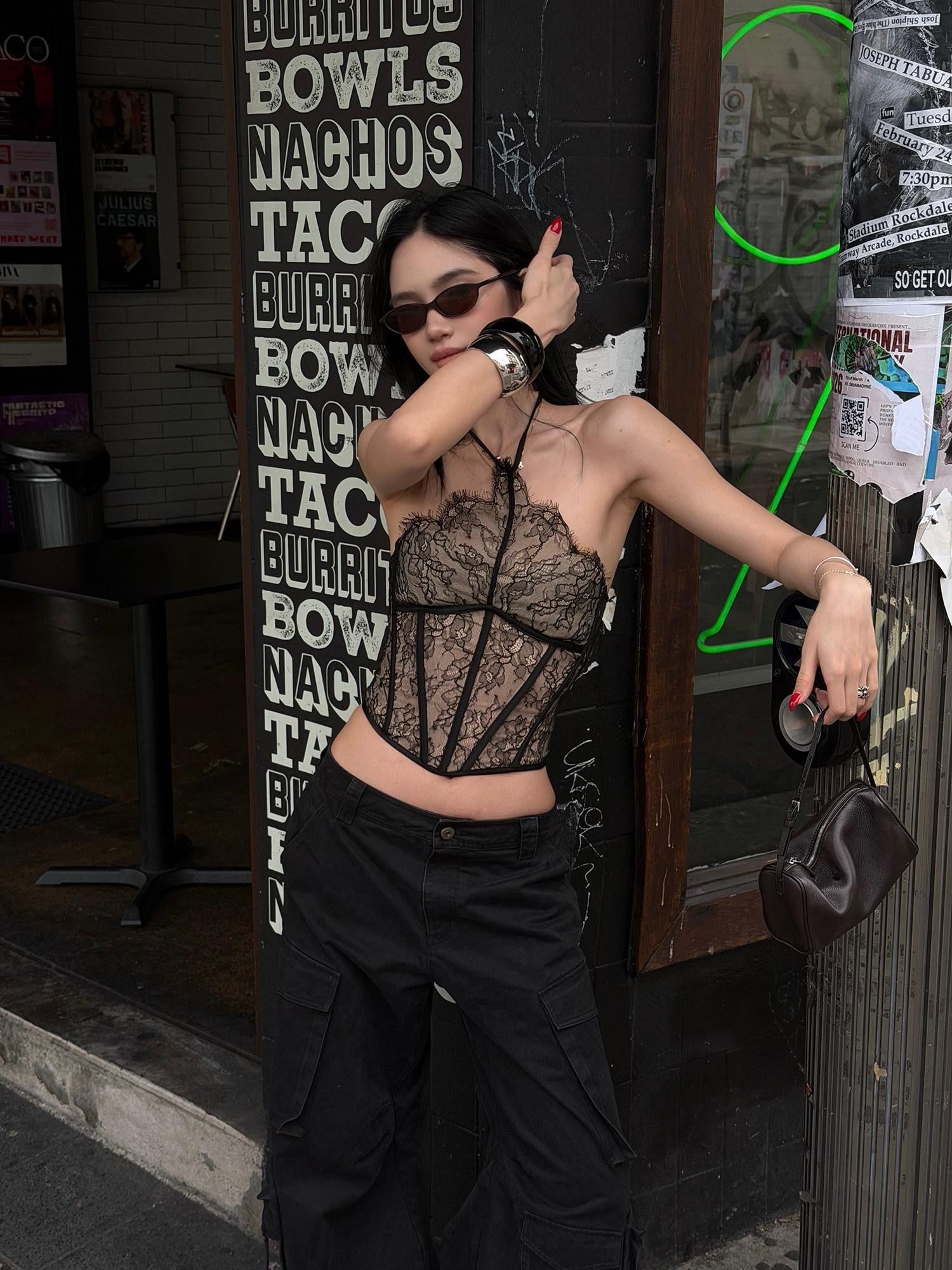 rovente Black Lace Boned Cropped Slim Padded Women's Polyamide Viscose Halter Tops