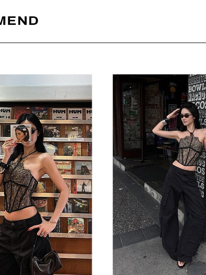 rovente Black Lace Boned Cropped Slim Padded Women's Polyamide Viscose Halter Tops