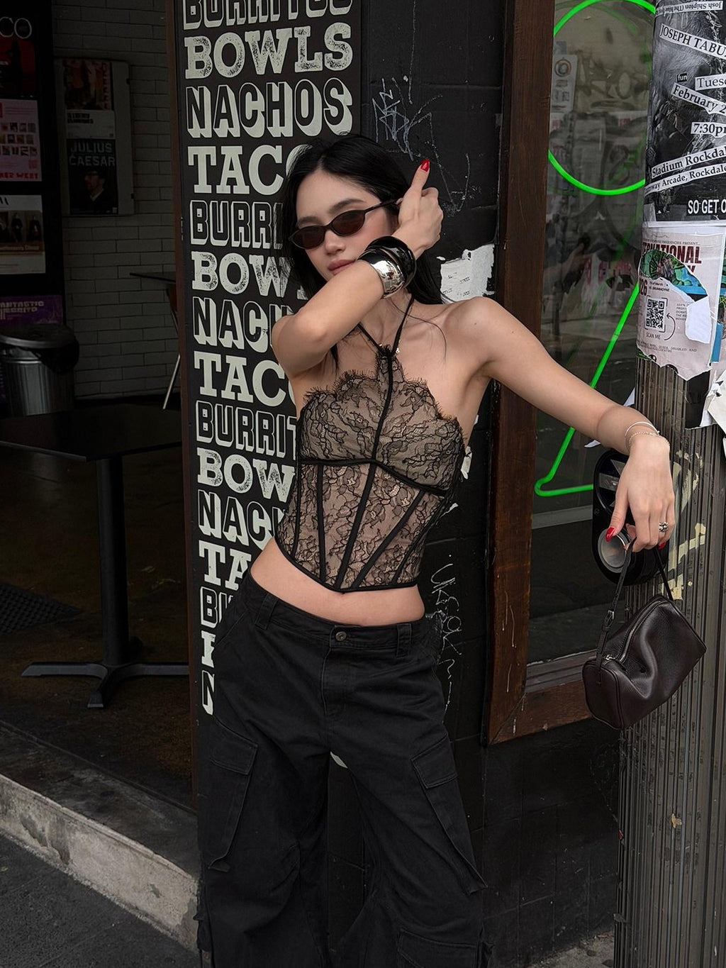 rovente Black Lace Boned Cropped Slim Padded Women's Polyamide Viscose Halter Tops