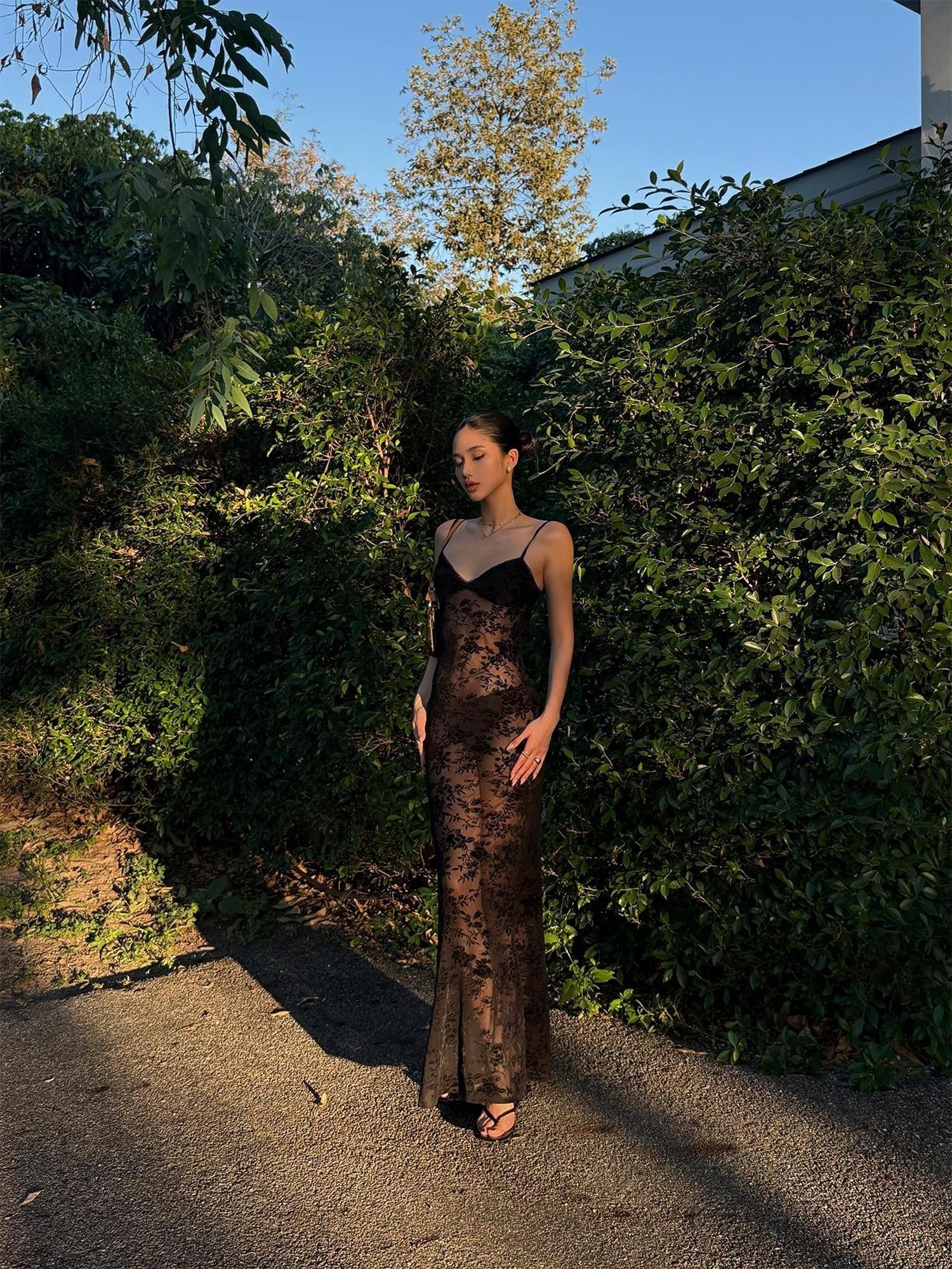 rovente Black Lace Jacquard Backless Women's Polyester Blend Bodycon Maxi Dresses