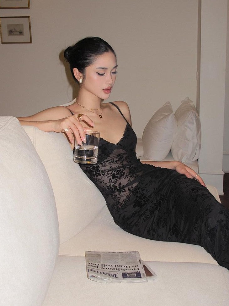rovente Black Lace Jacquard Backless Women's Polyester Blend Bodycon Maxi Dresses
