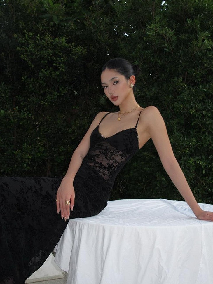 rovente Black Lace Jacquard Backless Women's Polyester Blend Bodycon Maxi Dresses