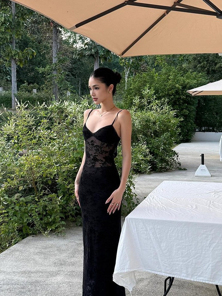 rovente Black Lace Jacquard Backless Women's Polyester Blend Bodycon Maxi Dresses