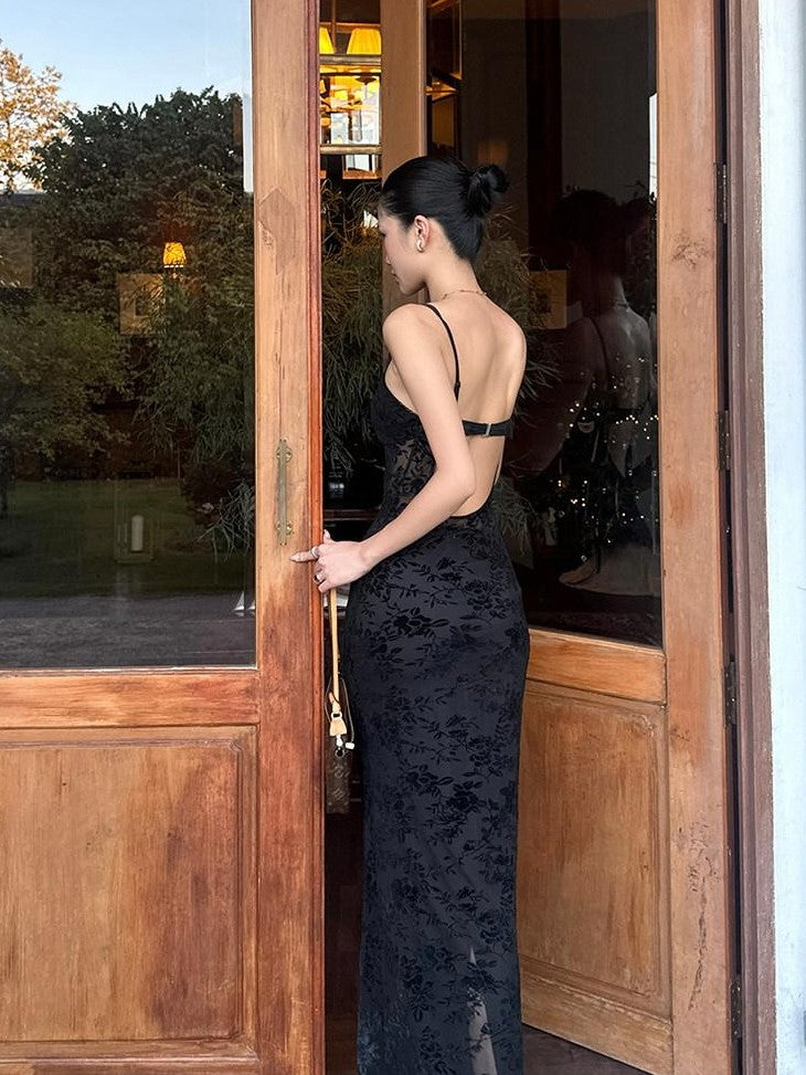 rovente Black Lace Jacquard Backless Women's Polyester Blend Bodycon Maxi Dresses