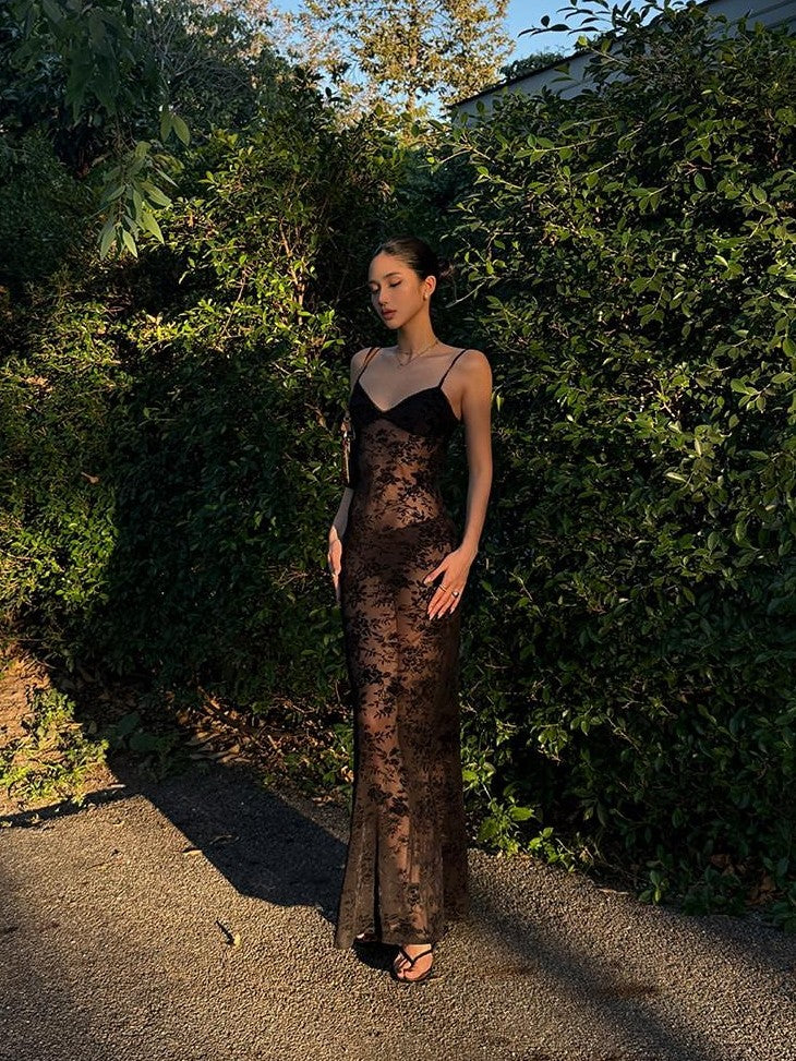 rovente Black Lace Jacquard Backless Women's Polyester Blend Bodycon Maxi Dresses