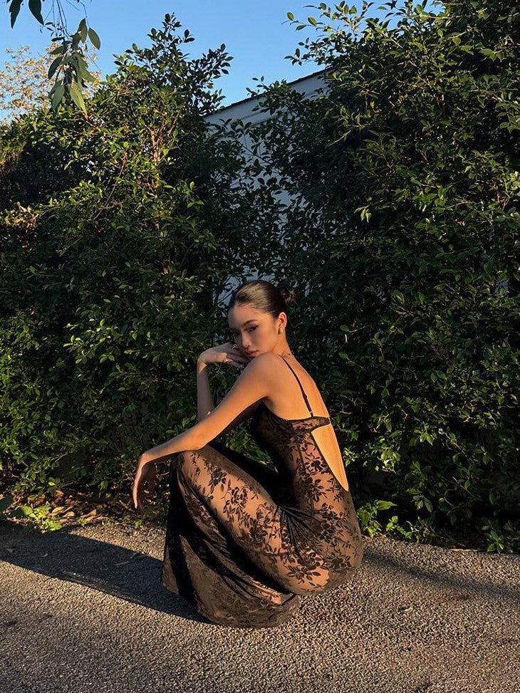 rovente Black Lace Jacquard Backless Women's Polyester Blend Bodycon Maxi Dresses