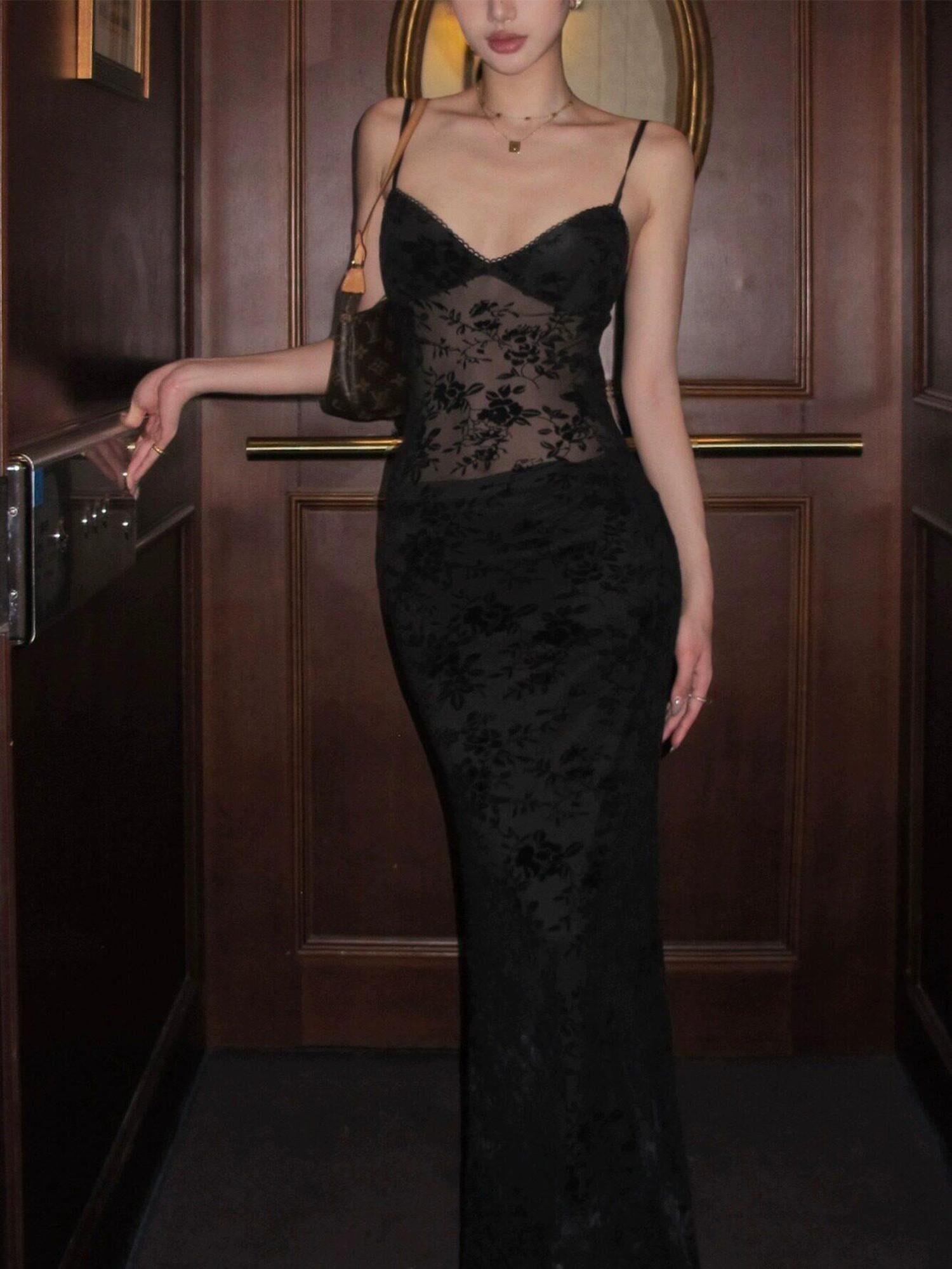 rovente Black Lace Jacquard Backless Women's Polyester Blend Bodycon Maxi Dresses