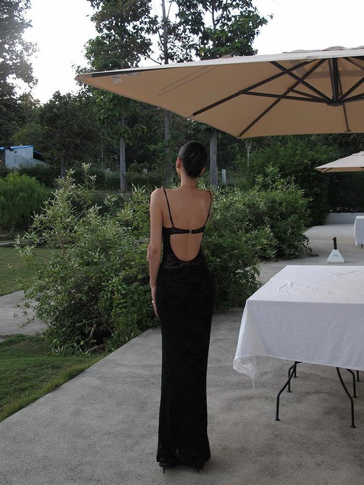 rovente Black Lace Jacquard Backless Women's Polyester Blend Bodycon Maxi Dresses