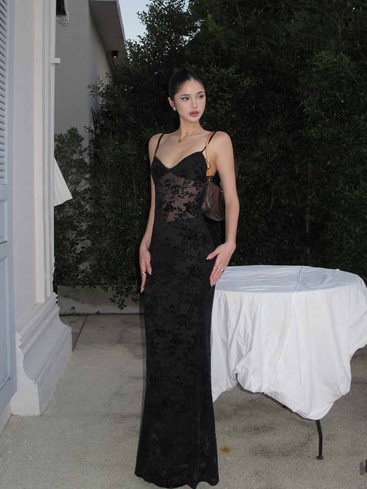 rovente Black Lace Jacquard Backless Women's Polyester Blend Bodycon Maxi Dresses