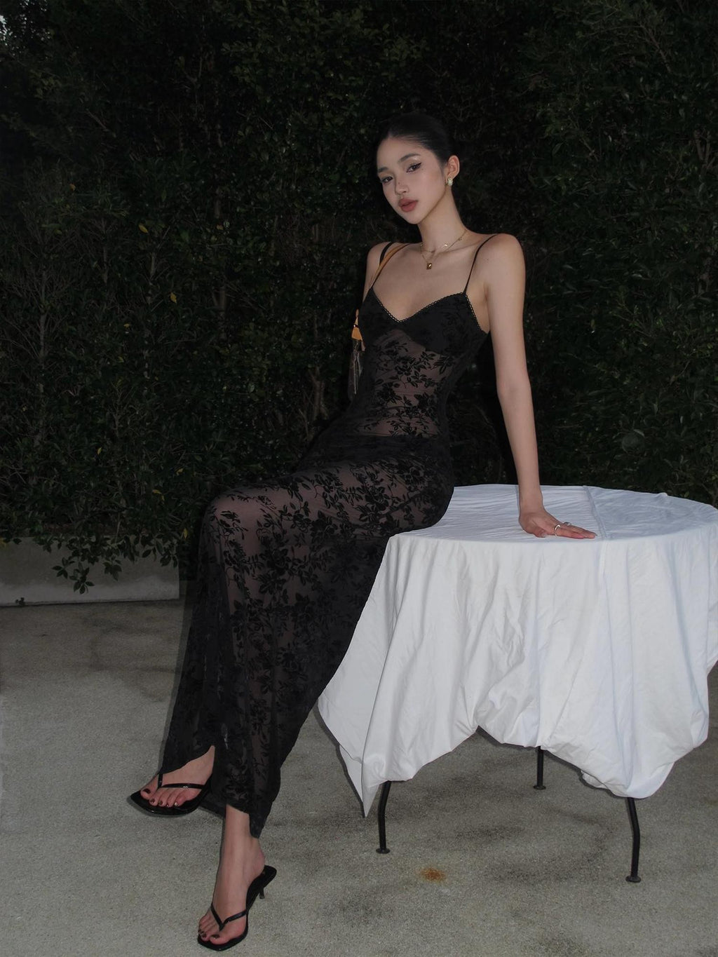 rovente Black Lace Jacquard Backless Women's Polyester Blend Bodycon Maxi Dresses