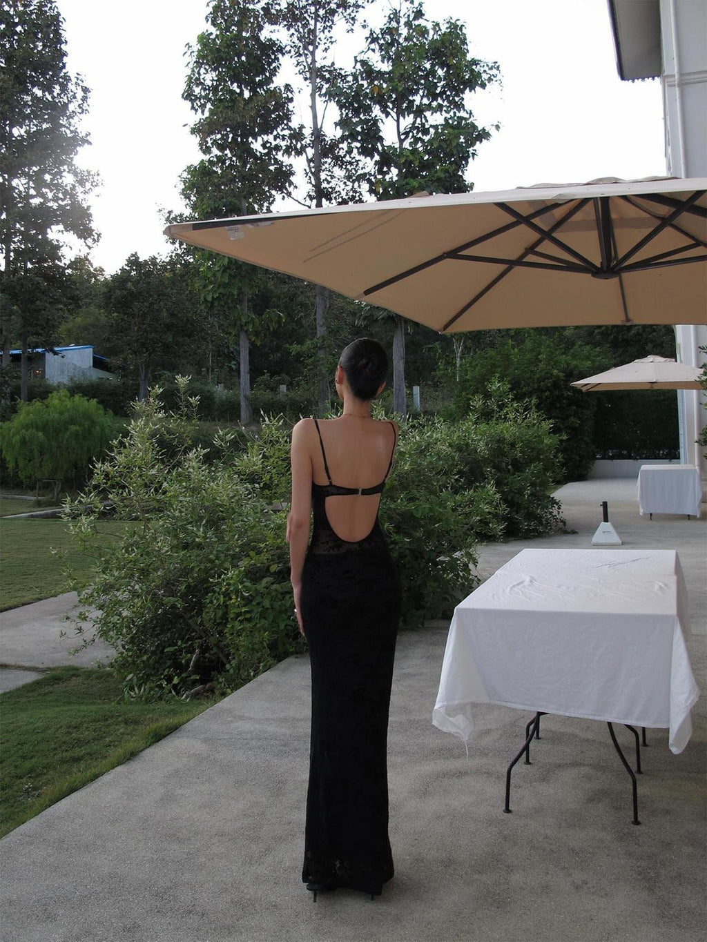 rovente Black Lace Jacquard Backless Women's Polyester Blend Bodycon Maxi Dresses