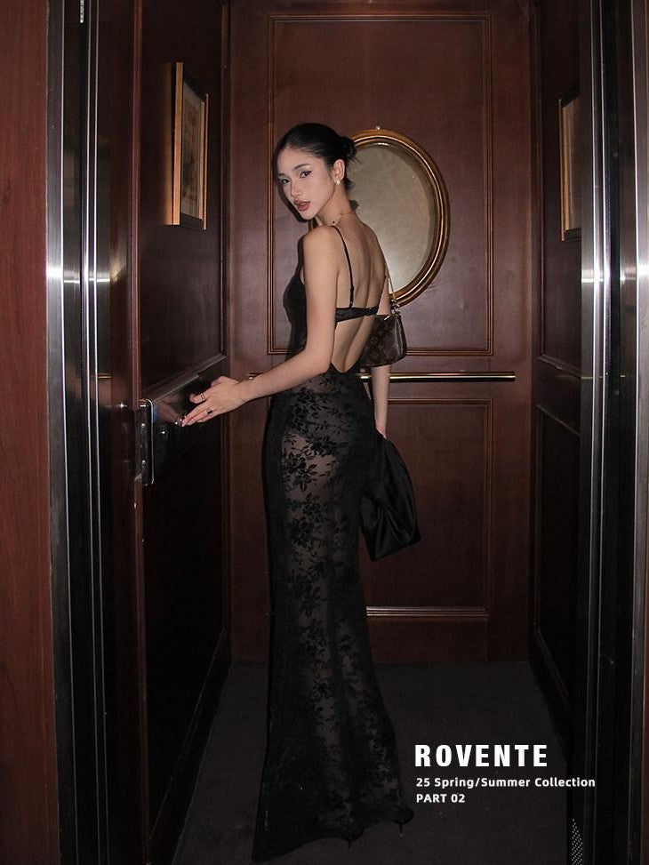 rovente Black Lace Jacquard Backless Women's Polyester Blend Bodycon Maxi Dresses