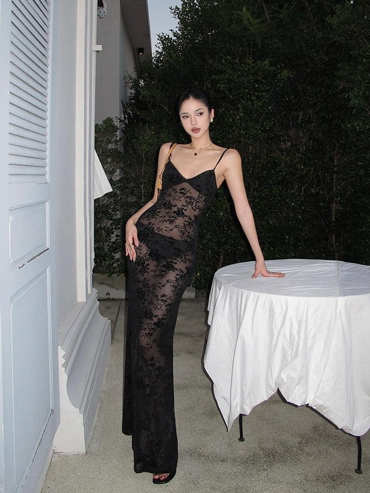 rovente Black Lace Jacquard Backless Women's Polyester Blend Bodycon Maxi Dresses