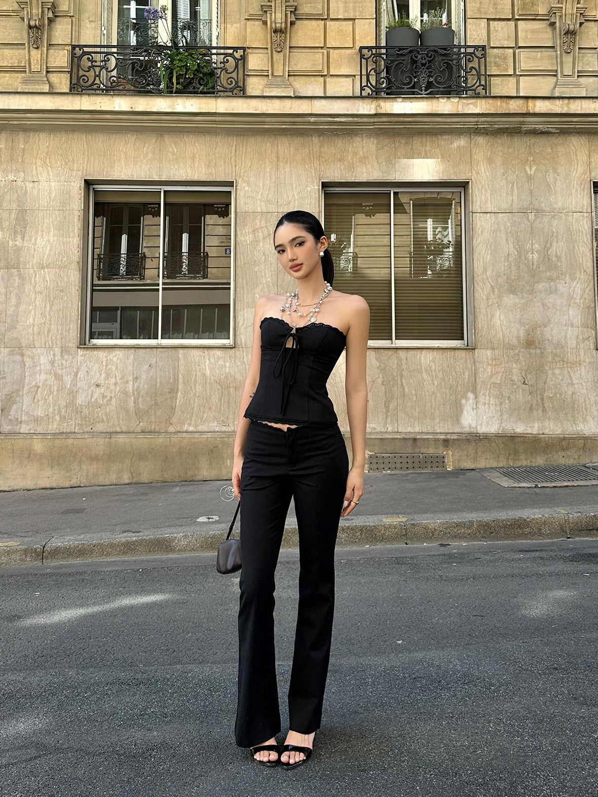 rovente Black Lace Trim Slim Fit Micro Flare Women's Polyester Bootcut Pants