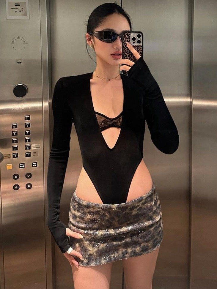 rovente Black Lace V-neck Long Sleeve Slim Women's Acetate Blend Basic Bodysuits
