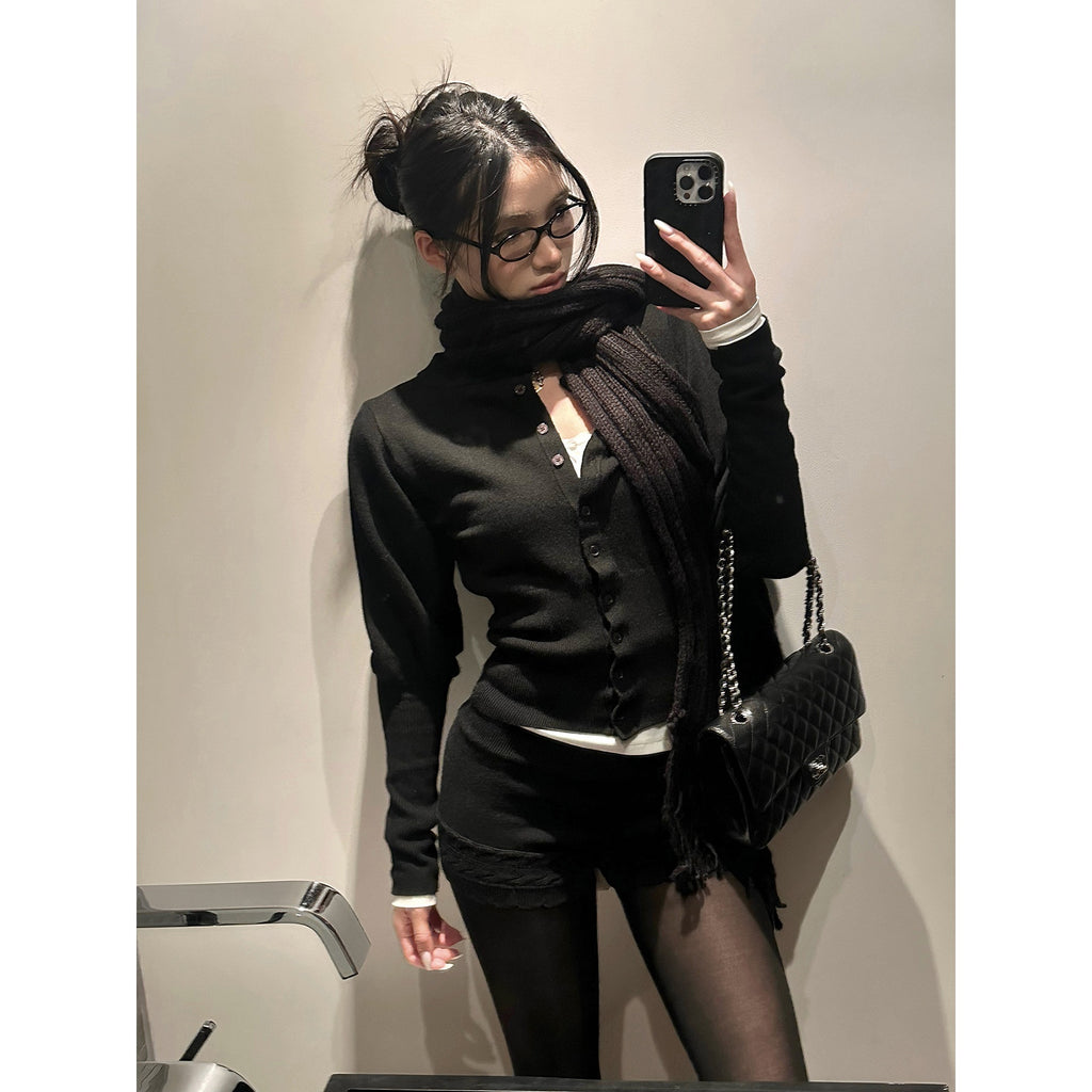 rovente_Black_Lace_Waist_Knit_Cardigan_Women's_Silk_Blend_Casual_Top_&_Shorts_Sets_988055387268_MISSTT