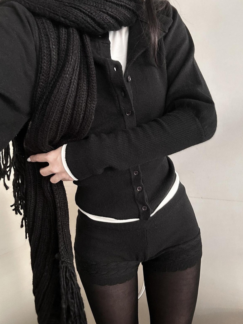 rovente Black Lace Waist Knit Cardigan Women's Silk Blend Casual Top & Shorts Sets