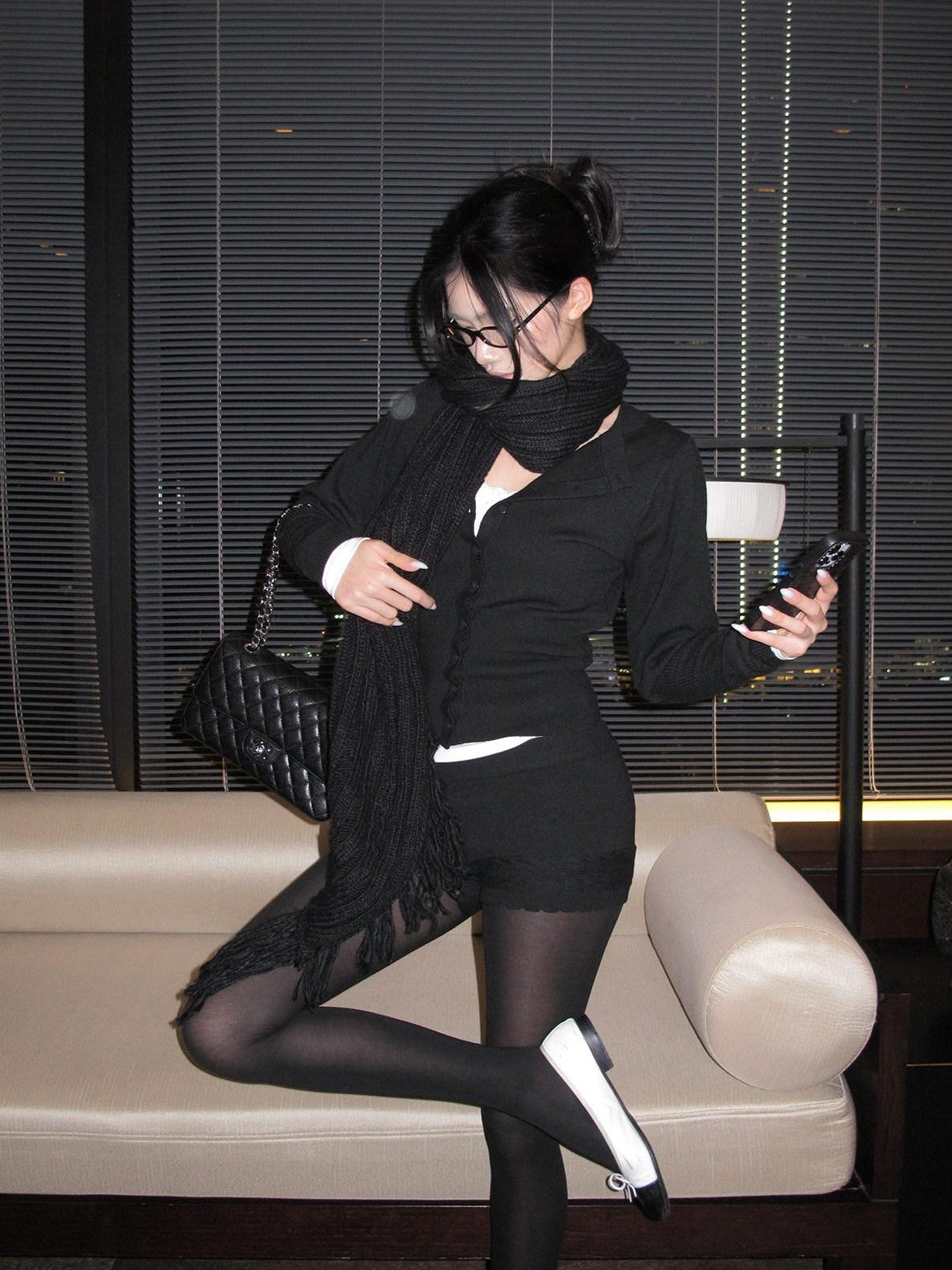 rovente Black Lace Waist Knit Cardigan Women's Silk Blend Casual Top & Shorts Sets