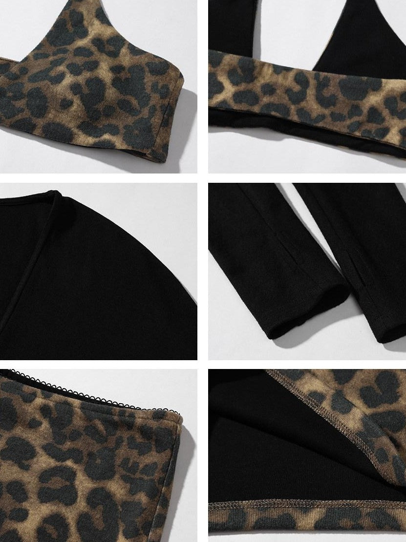 rovente Black Leopard Print Deep V-neck Slim Women's Knit Long Sleeve T-shirts
