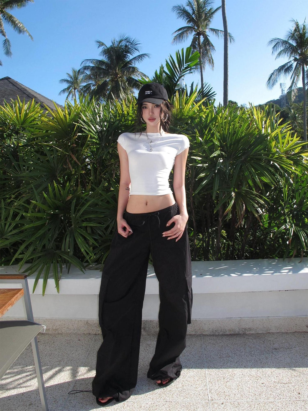 rovente Black Long Straight Low Waist Drawstring Pockets Women's Cotton Cargo Pants