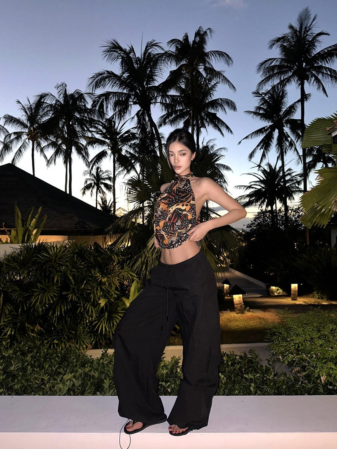 rovente Black Long Straight Low Waist Drawstring Pockets Women's Cotton Cargo Pants