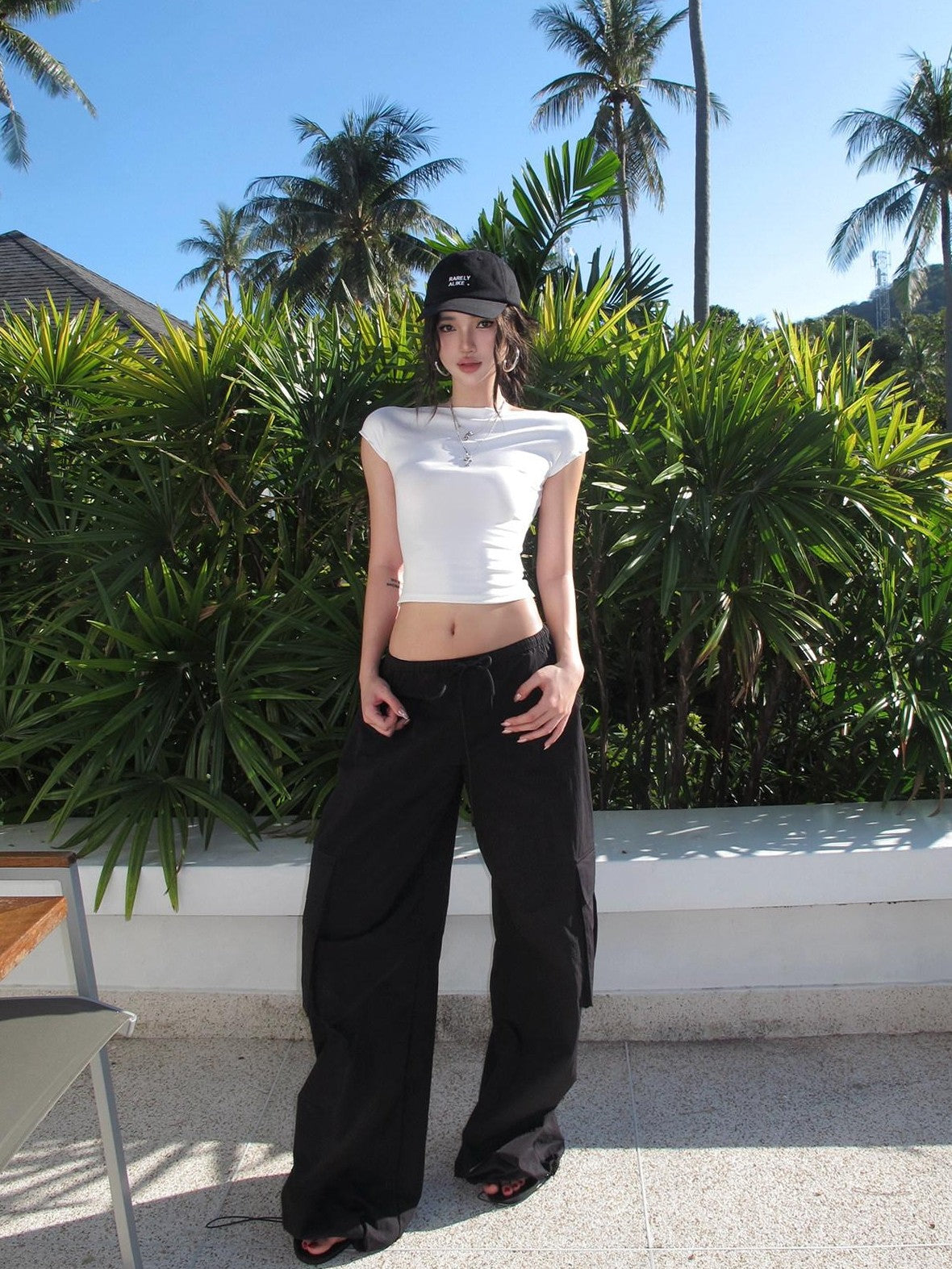 rovente Black Long Straight Low Waist Drawstring Pockets Women's Cotton Cargo Pants