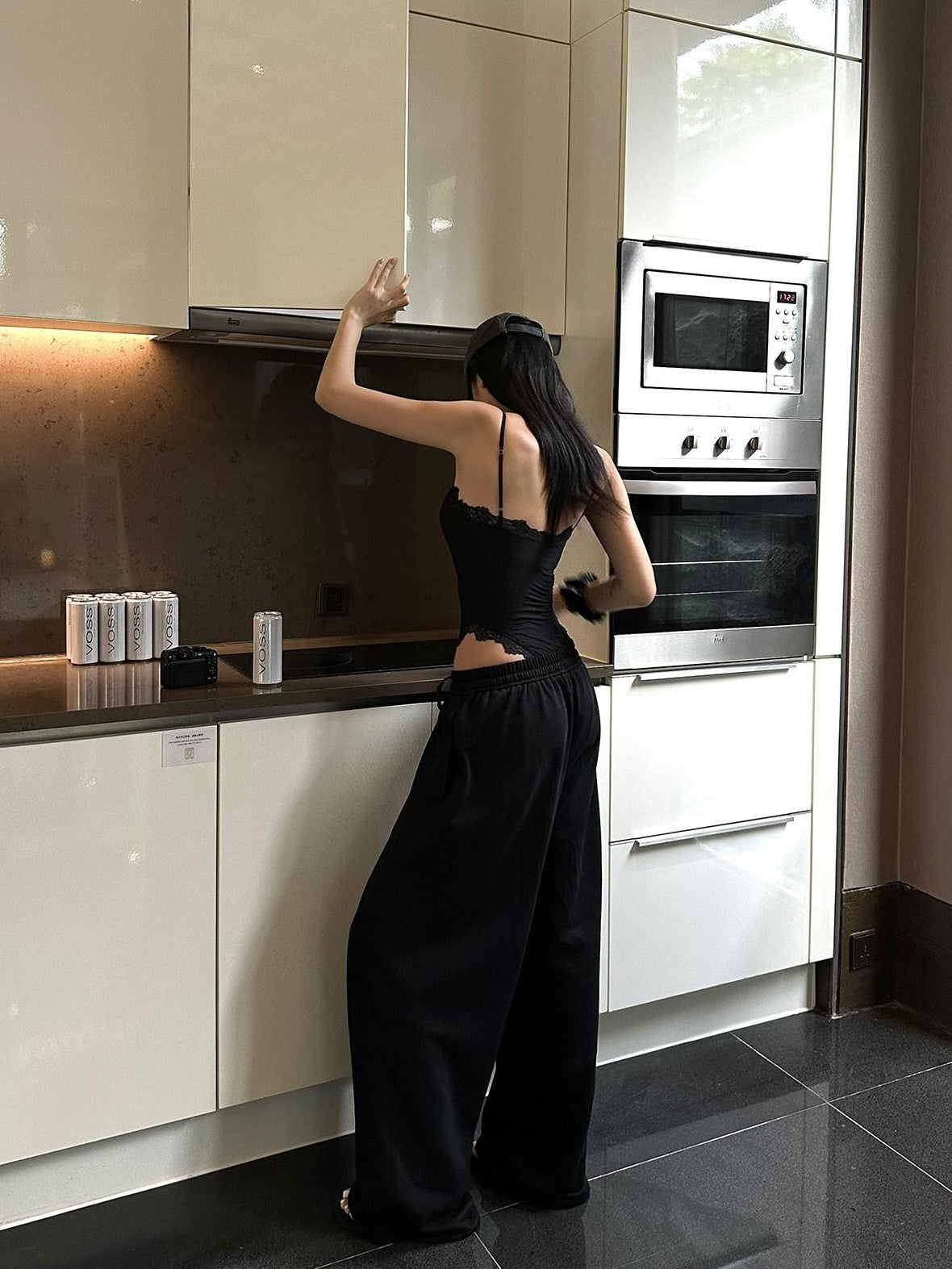 rovente Black Loose Relaxed High Waist Women's Cotton Straight-leg Pants