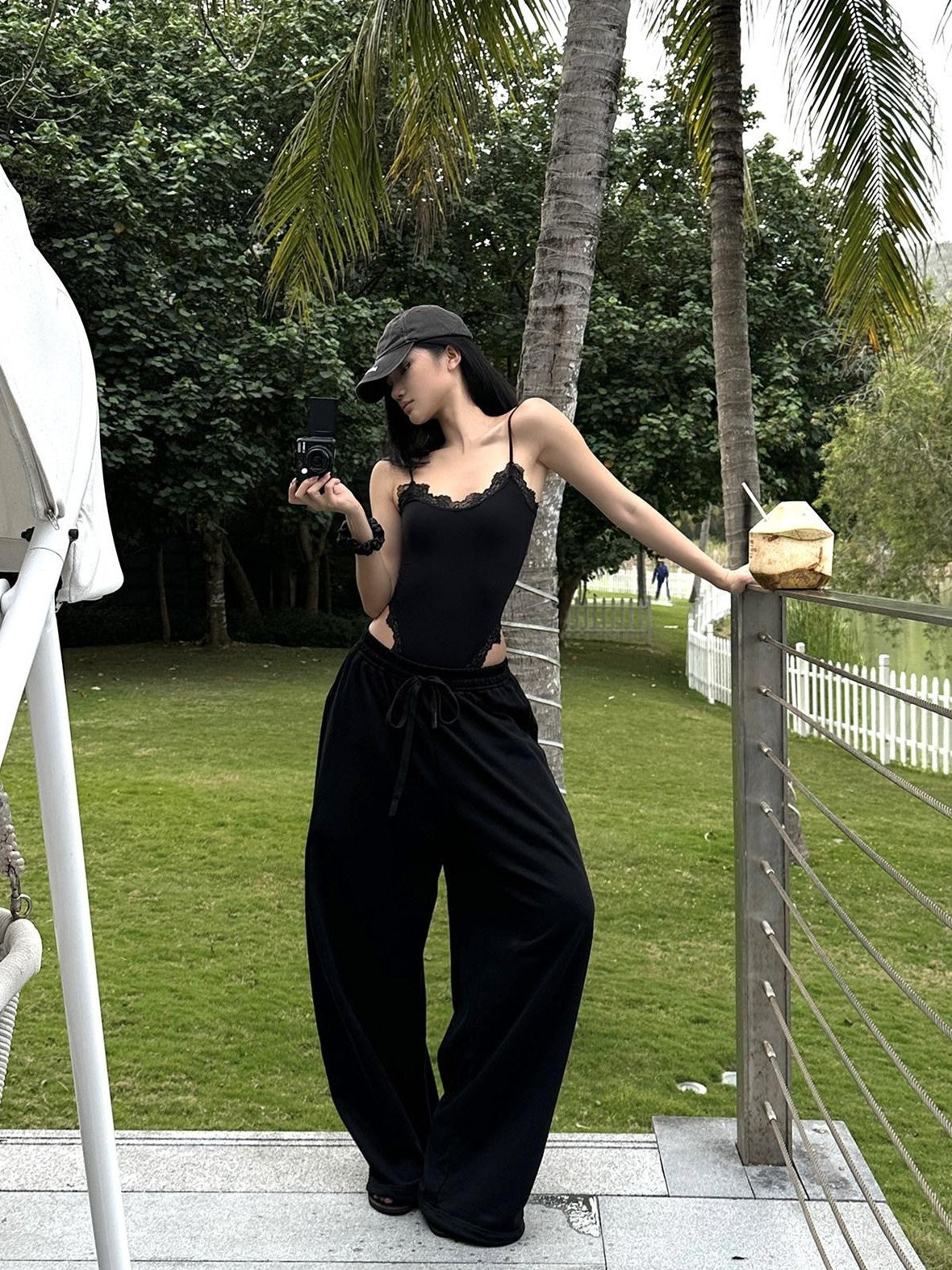 rovente Black Loose Relaxed High Waist Women's Cotton Straight-leg Pants