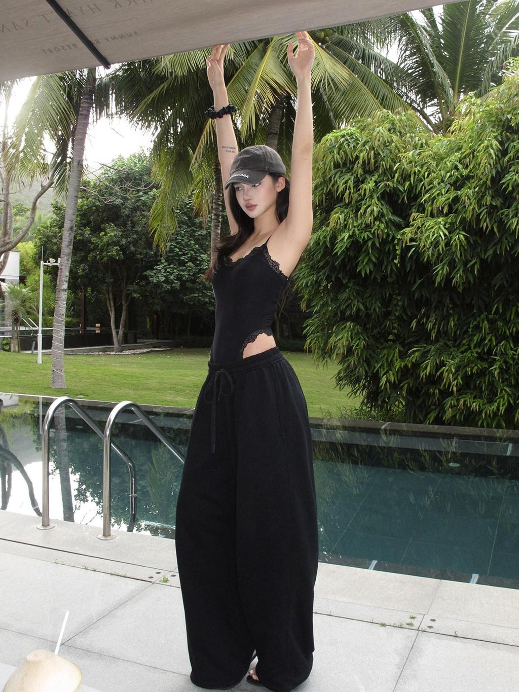 rovente Black Loose Relaxed High Waist Women's Cotton Straight-leg Pants